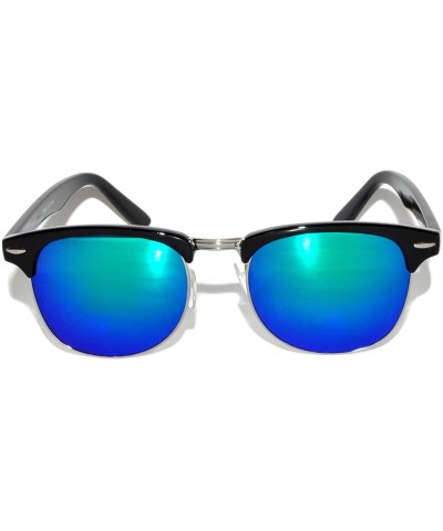 Rectangular Retro Classic Sunglasses Metal Half Frame With Colored Lens Uv 400 - Mirror-blue-lens-black - CU120075F6N $7.57