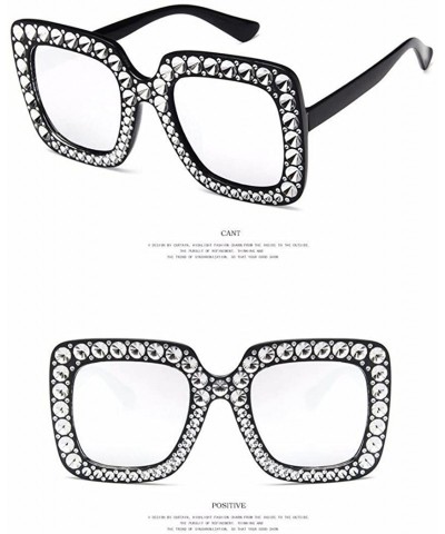 Oversized Sparkling Square Frame Rhinestone Sunglasses Fashion Retro Sunglasses - Black White Lens - CL199LMQKNK $28.03