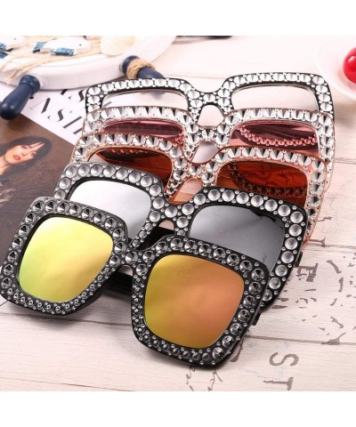 Oversized Sparkling Square Frame Rhinestone Sunglasses Fashion Retro Sunglasses - Black White Lens - CL199LMQKNK $28.03