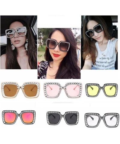 Oversized Sparkling Square Frame Rhinestone Sunglasses Fashion Retro Sunglasses - Black White Lens - CL199LMQKNK $28.03