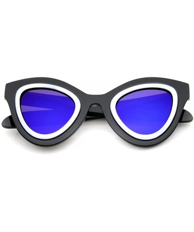 Cat Eye Womens High Fashion Two-Toned Mirrored Cat Eye Sunglasses 42mm - Shiny Black-white / Blue Mirror - C112J18F5LH $10.76
