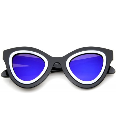 Cat Eye Womens High Fashion Two-Toned Mirrored Cat Eye Sunglasses 42mm - Shiny Black-white / Blue Mirror - C112J18F5LH $18.95