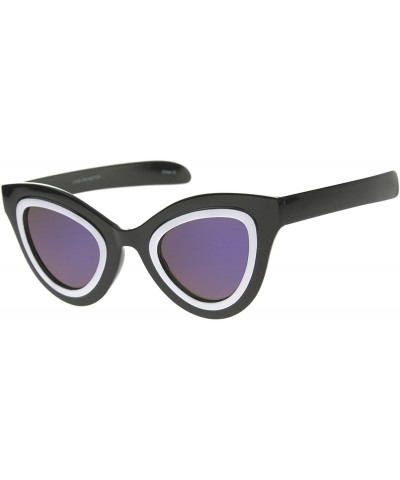 Cat Eye Womens High Fashion Two-Toned Mirrored Cat Eye Sunglasses 42mm - Shiny Black-white / Blue Mirror - C112J18F5LH $18.70