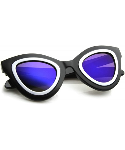 Cat Eye Womens High Fashion Two-Toned Mirrored Cat Eye Sunglasses 42mm - Shiny Black-white / Blue Mirror - C112J18F5LH $10.76