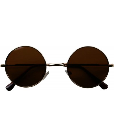 Round Gold Metal Frame Round Sunglasses Spring Hinge Retro John Lennon Style Brown Tint Circular 80's Groovy Shades - CT12JRU...