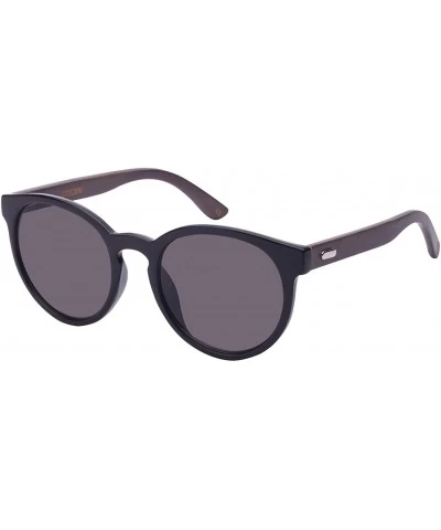 Round Round Horned Rim Wooden Bamboo Temple Sunglasses by 32052BM-SD - Black+grey Temple - C8124QW6CTR $23.69