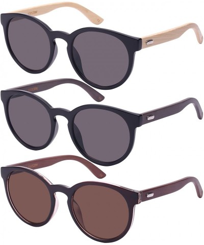 Round Round Horned Rim Wooden Bamboo Temple Sunglasses by 32052BM-SD - Black+grey Temple - C8124QW6CTR $11.38