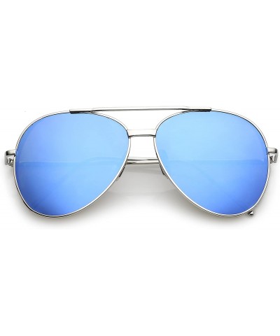 Aviator Classic Crossbar Metal Slim Arms Color Mirrored Teardrop Flat Lens Aviator Sunglasses 56mm - Silver / Blue Mirror - C...