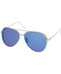 Aviator Classic Crossbar Metal Slim Arms Color Mirrored Teardrop Flat Lens Aviator Sunglasses 56mm - Silver / Blue Mirror - C...