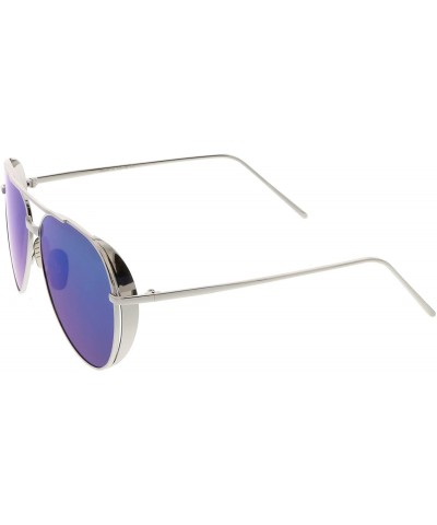 Aviator Classic Crossbar Metal Slim Arms Color Mirrored Teardrop Flat Lens Aviator Sunglasses 56mm - Silver / Blue Mirror - C...