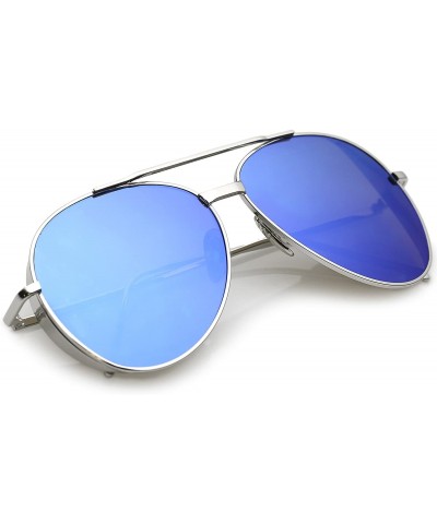 Aviator Classic Crossbar Metal Slim Arms Color Mirrored Teardrop Flat Lens Aviator Sunglasses 56mm - Silver / Blue Mirror - C...