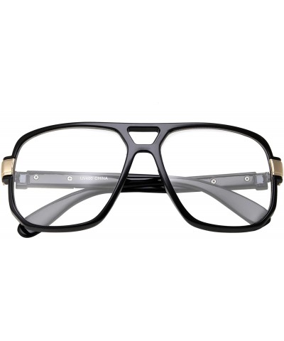 Aviator Classic Square Frame Glasses - Clear Lens - Vintage Flat Top - Black With Gold Trim - CH12LHP6ON5 $10.19