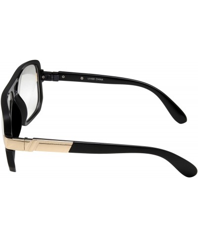 Aviator Classic Square Frame Glasses - Clear Lens - Vintage Flat Top - Black With Gold Trim - CH12LHP6ON5 $10.19