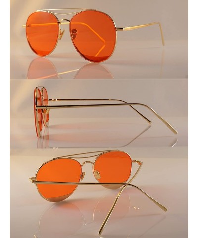 Round Slim Round Metal Frame Color Tinted Flat Lens Sunglasses A020 - Gold/ Ruby Red - CK18697GIU3 $9.94