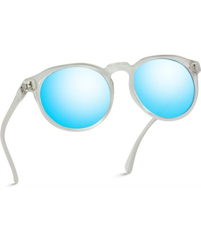 Oversized Retro Round Flat Top Frame Mirrored Fashion Sunglasses - Transparent Frame / Mirror Blue Lens - CH186HWHAGX $35.63