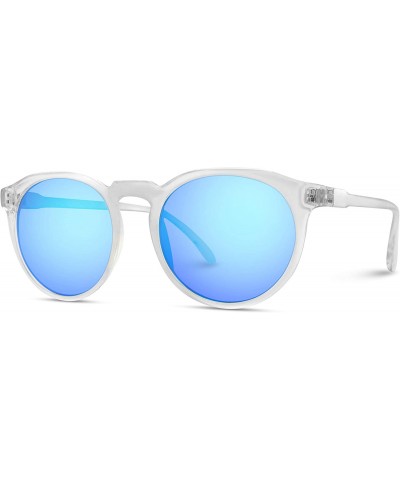 Oversized Retro Round Flat Top Frame Mirrored Fashion Sunglasses - Transparent Frame / Mirror Blue Lens - CH186HWHAGX $18.75