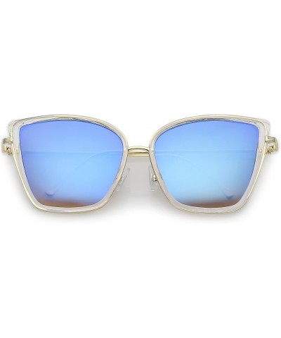 Cat Eye Women's Oversize Slim Arms Colored Mirror Lens Cat Eye Sunglasses 56mm - Clear Gold / Blue Mirror - CN182MHKXKN $21.71