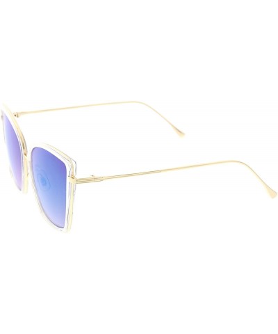 Cat Eye Women's Oversize Slim Arms Colored Mirror Lens Cat Eye Sunglasses 56mm - Clear Gold / Blue Mirror - CN182MHKXKN $13.71