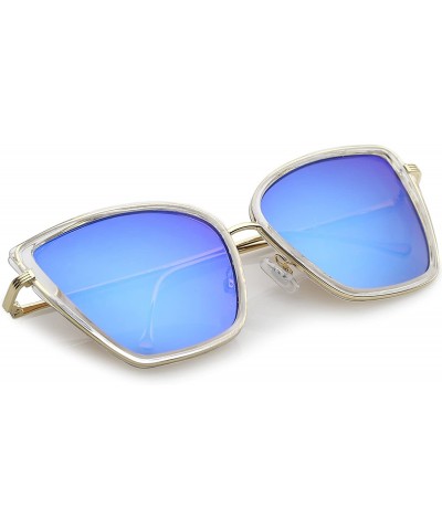 Cat Eye Women's Oversize Slim Arms Colored Mirror Lens Cat Eye Sunglasses 56mm - Clear Gold / Blue Mirror - CN182MHKXKN $13.71