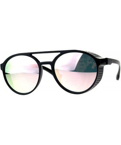 Round Mens Mirror Lens Side Visor Plastic Cafe Racer Round Sunglasses - Black Pink - C018CMQ6QLQ $22.97