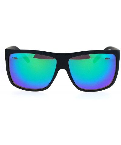 Sport Mens Color Mirrored Flat Top Large Rectangular Sport Plastic Sunglasses - Black Teal - CO12O0G7U9H $18.03