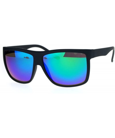 Sport Mens Color Mirrored Flat Top Large Rectangular Sport Plastic Sunglasses - Black Teal - CO12O0G7U9H $11.69