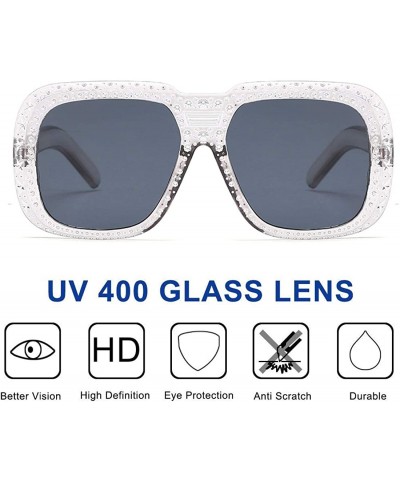 Round Oversized Sunglasses for Men Women Square Thick Frame Bling Rhinestone Shades - Transparent Grey - C718NW5407C $8.45