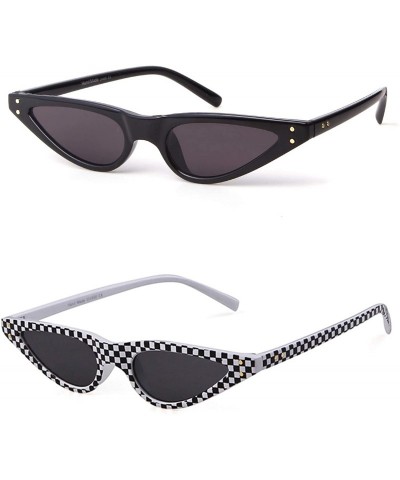 Goggle Vintage Retro Cat Eye Sunglasses For Women Small Glasses with Rivet - (2 Pack) Black/Checkered - C3194YITIHI $19.67
