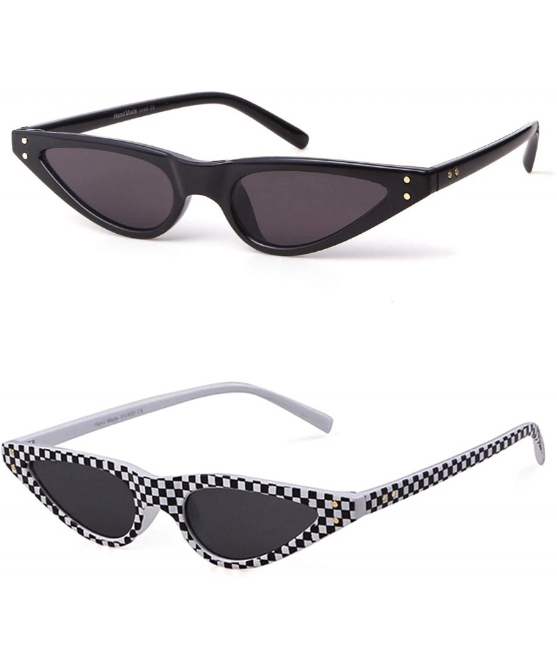 Goggle Vintage Retro Cat Eye Sunglasses For Women Small Glasses with Rivet - (2 Pack) Black/Checkered - C3194YITIHI $8.94
