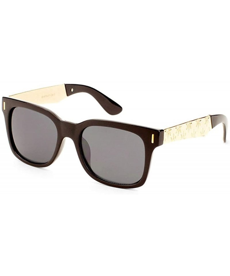 Square Square Plastic & Metal Frame Engraved Marijuana Weed Leaf Sunglasses - Black & Gold Frame - C0187EOU8M7 $8.06