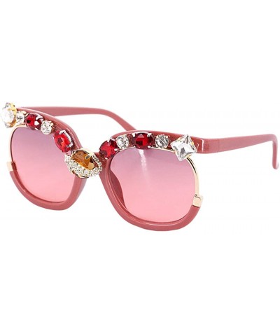 Round Vintage Cat Eye Diamond Crystal Sunglasses for Women Oversized Plastic Frame - Red - C7198G3KG2T $39.16