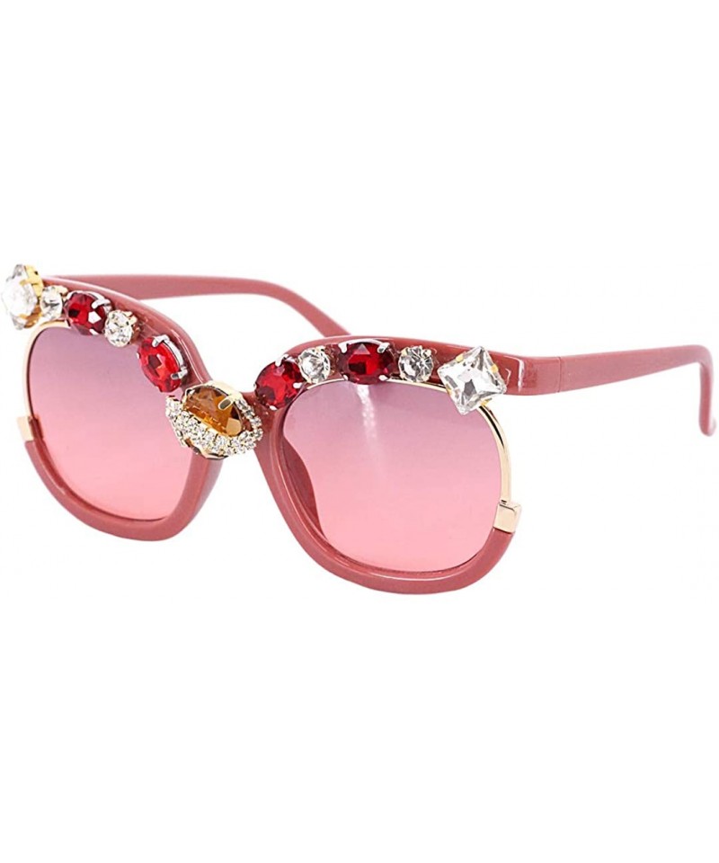 Round Vintage Cat Eye Diamond Crystal Sunglasses for Women Oversized Plastic Frame - Red - C7198G3KG2T $33.76