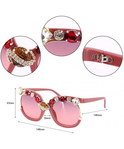 Round Vintage Cat Eye Diamond Crystal Sunglasses for Women Oversized Plastic Frame - Red - C7198G3KG2T $18.90