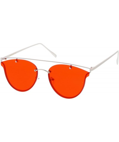 Rimless Modern Crossbar Horn Rimmed Round Flat Lens Rimless Sunglasses 52mm - Silver / Red - C61827DUIMM $13.68