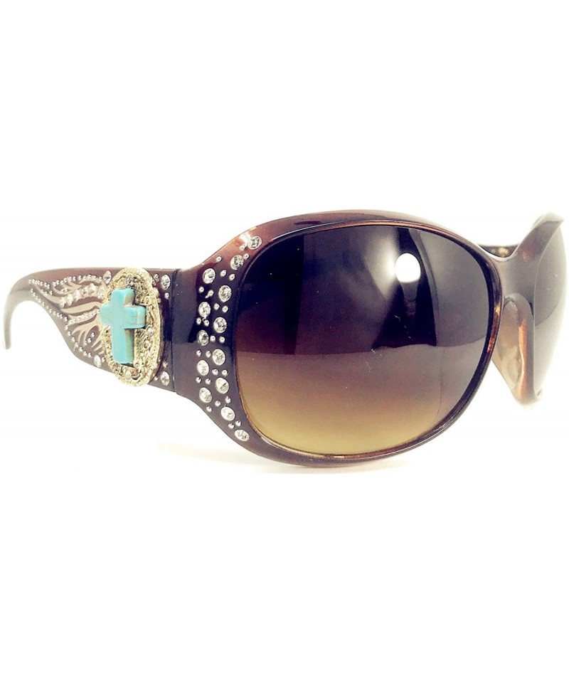 Oval Women's Sunglasses With Bling Rhinestone UV 400 PC Lens in Multi Concho - Agate Cross Wing Brown - CN18WTN422I $20.73