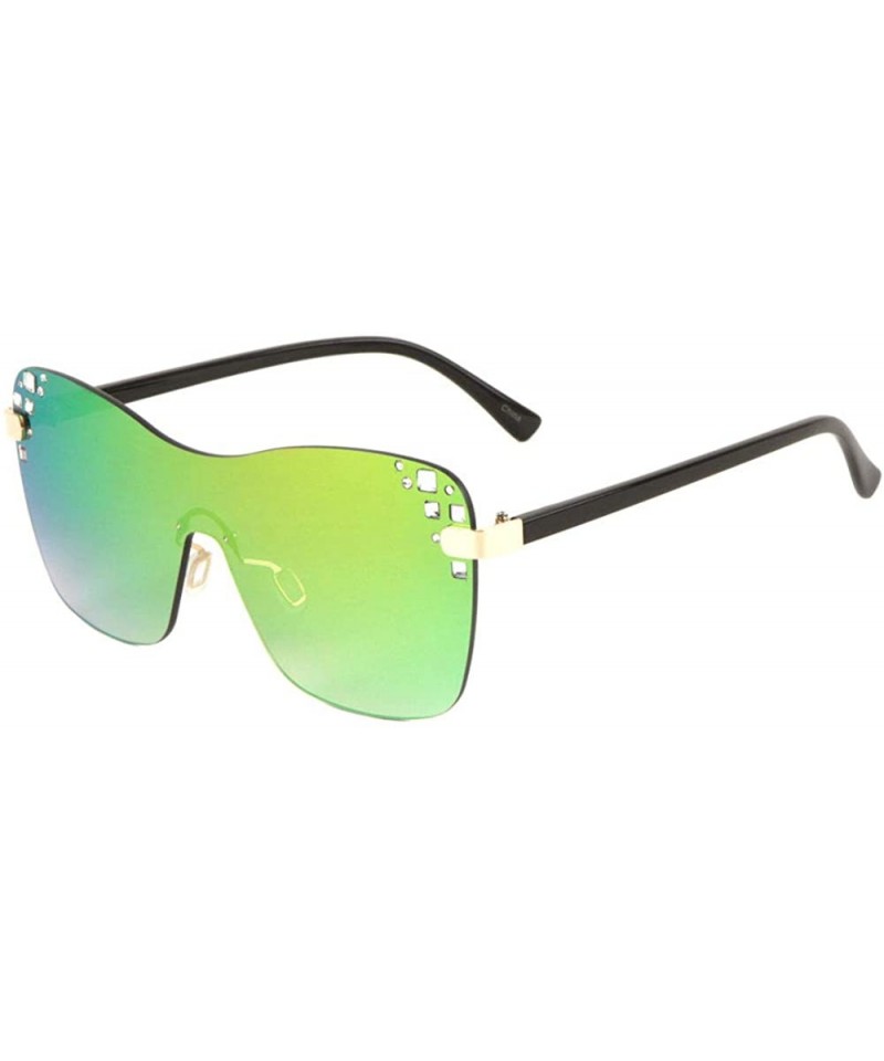 Rimless Color Mirror Rimless Rhinestone One Piece Curved Edge Shield Lens Sunglasses - Green - CD1996D86Y9 $27.72