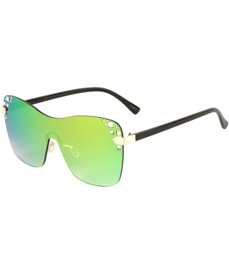 Rimless Color Mirror Rimless Rhinestone One Piece Curved Edge Shield Lens Sunglasses - Green - CD1996D86Y9 $11.31