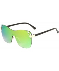 Rimless Color Mirror Rimless Rhinestone One Piece Curved Edge Shield Lens Sunglasses - Green - CD1996D86Y9 $27.72
