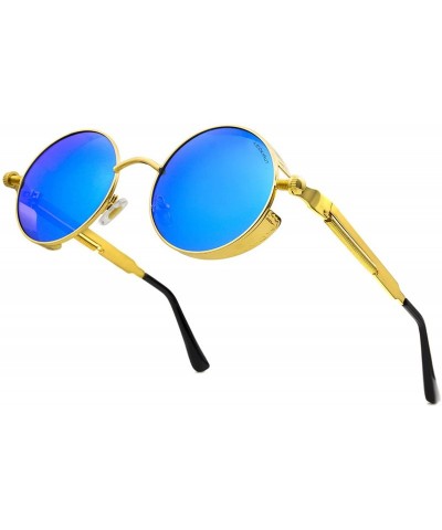 Oversized Women Men Round Sunglasses Retro Vintage Steampunk Style Mirror Reflective Circle lens - N4-gold Frame&blue Lens - ...