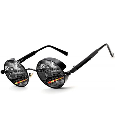 Round Polarized Steampunk Round Sunglasses for Men Women Mirrored Lens Metal Frame S2671 - Black - CA182KL0HYN $29.79