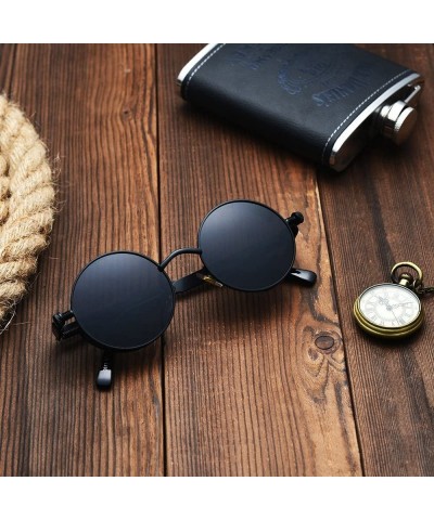 Round Polarized Steampunk Round Sunglasses for Men Women Mirrored Lens Metal Frame S2671 - Black - CA182KL0HYN $12.27