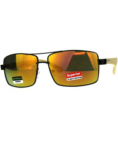 Rectangular Real Bamboo Wood Temple Sunglasses Mens Rectangular Navigator - Black (Orange Mirror) - C718D48LM3Q $24.85