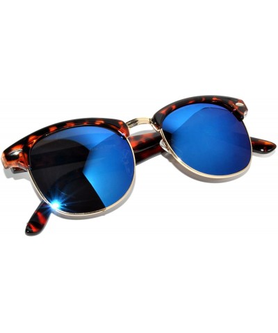 Wayfarer Retro Classic Sunglasses Metal Half Frame With Colored Lens Uv 400 - Mirror-blue-lens-leopard - CT120075FV3 $7.96