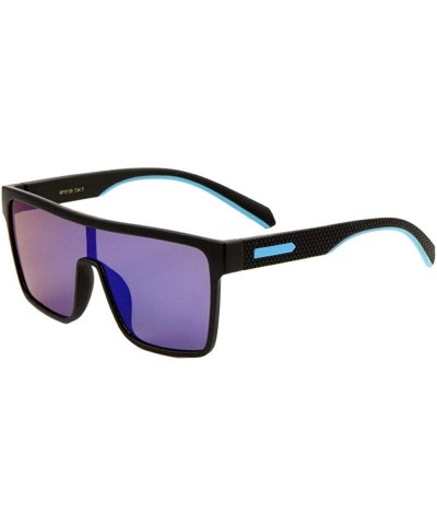 Wrap Futuristic Square Flat Top One Piece Lens Shield Sunglasses - Black & Blue Frame - CJ18W0ZGZT2 $12.59