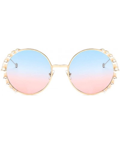 Round Women Fashion Round Pearl Frame Sunglasses UV Protection Sunglasses - Gold Frame/Pink&blue Lens - C518UITY3ZN $15.60