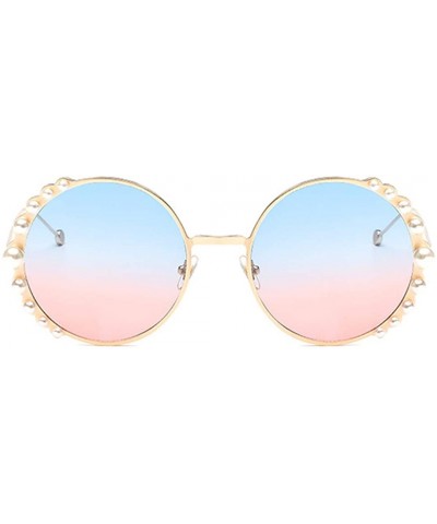 Round Women Fashion Round Pearl Frame Sunglasses UV Protection Sunglasses - Gold Frame/Pink&blue Lens - C518UITY3ZN $15.60