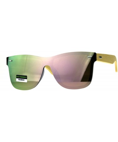 Oversized Mens Bamboo Wood Arm Shield Color Mirror Lens Sunglasses - Peach - CA180WH30Q5 $24.07