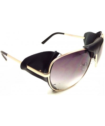 Shield Retro Aviator Sunglasses w/Faux Leather Bridge & Side Shields - Gold Frame - Black Leather - CX18QCDXYUR $13.39