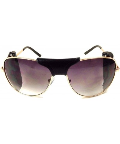 Shield Retro Aviator Sunglasses w/Faux Leather Bridge & Side Shields - Gold Frame - Black Leather - CX18QCDXYUR $13.39