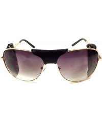 Shield Retro Aviator Sunglasses w/Faux Leather Bridge & Side Shields - Gold Frame - Black Leather - CX18QCDXYUR $22.41